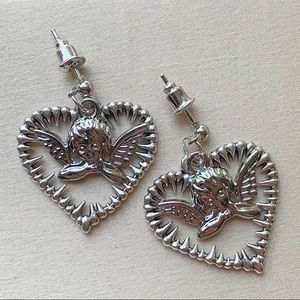 Silver Hollow Out Spiked Heart & Angel Earrings